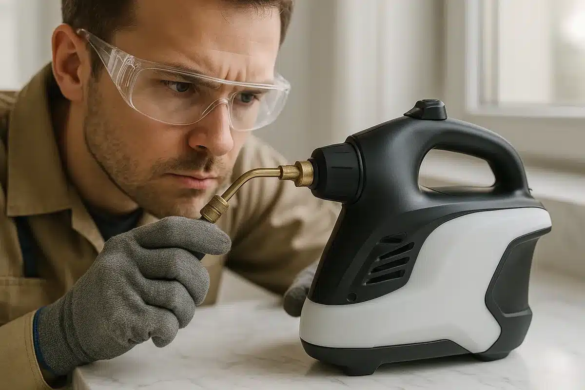 A pest control technician inspects a gas-powered insecticide sprayer, emphasizing the importance of professional wasp removal