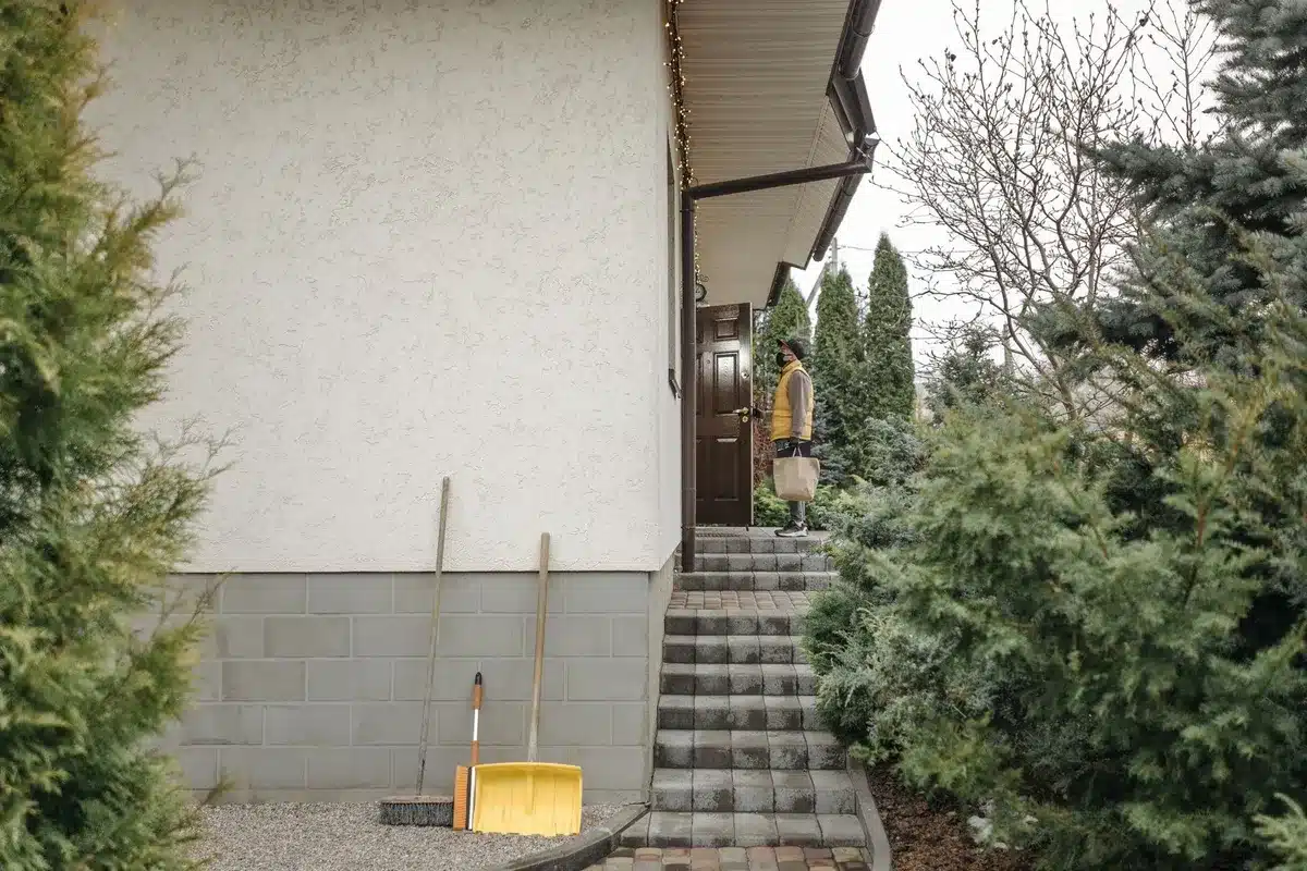 A delivery person stands at a house door with a paper bag, surrounded by lush greenery.