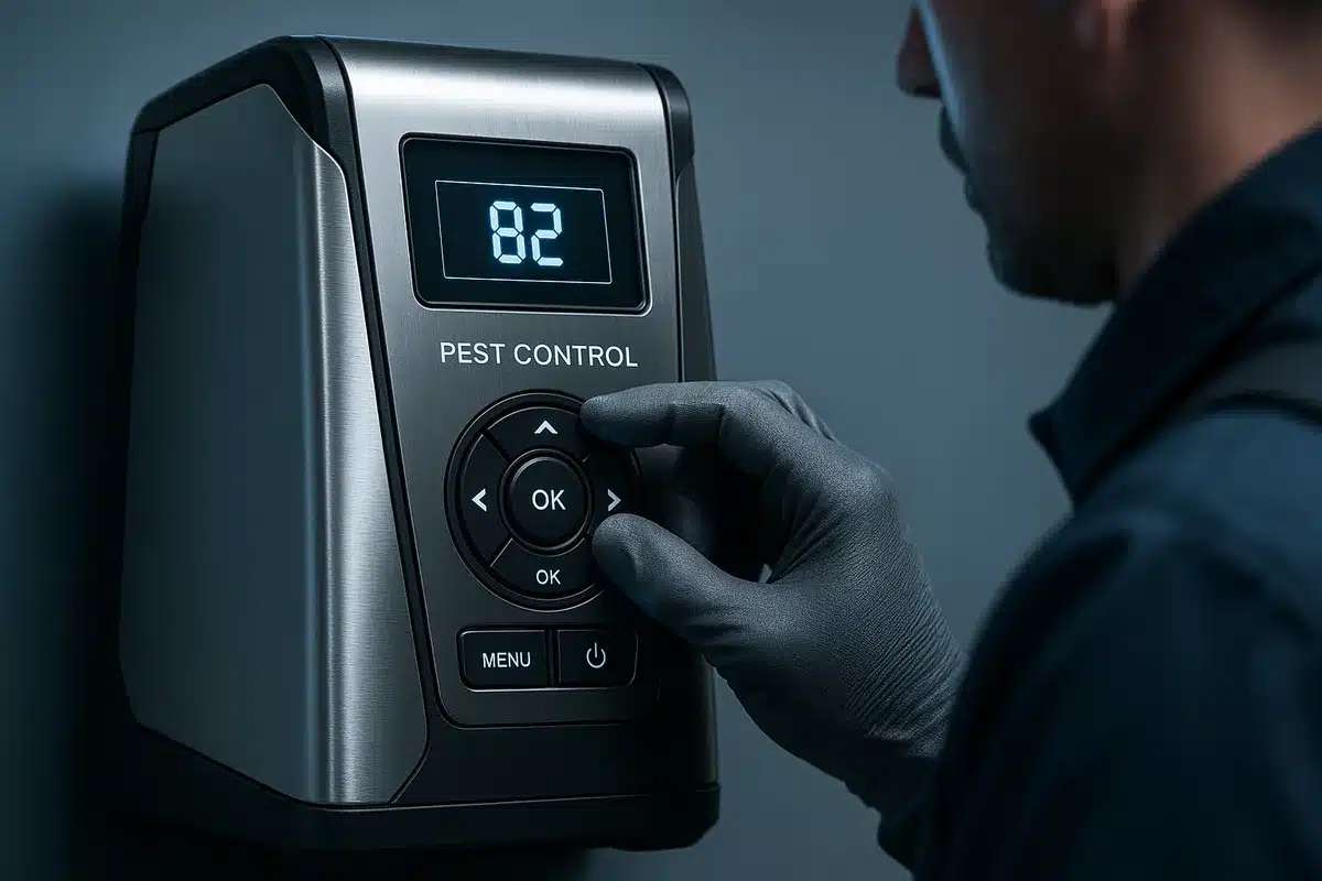 A pest control technician adjusts a high-tech device, highlighting modern technology in pest management.